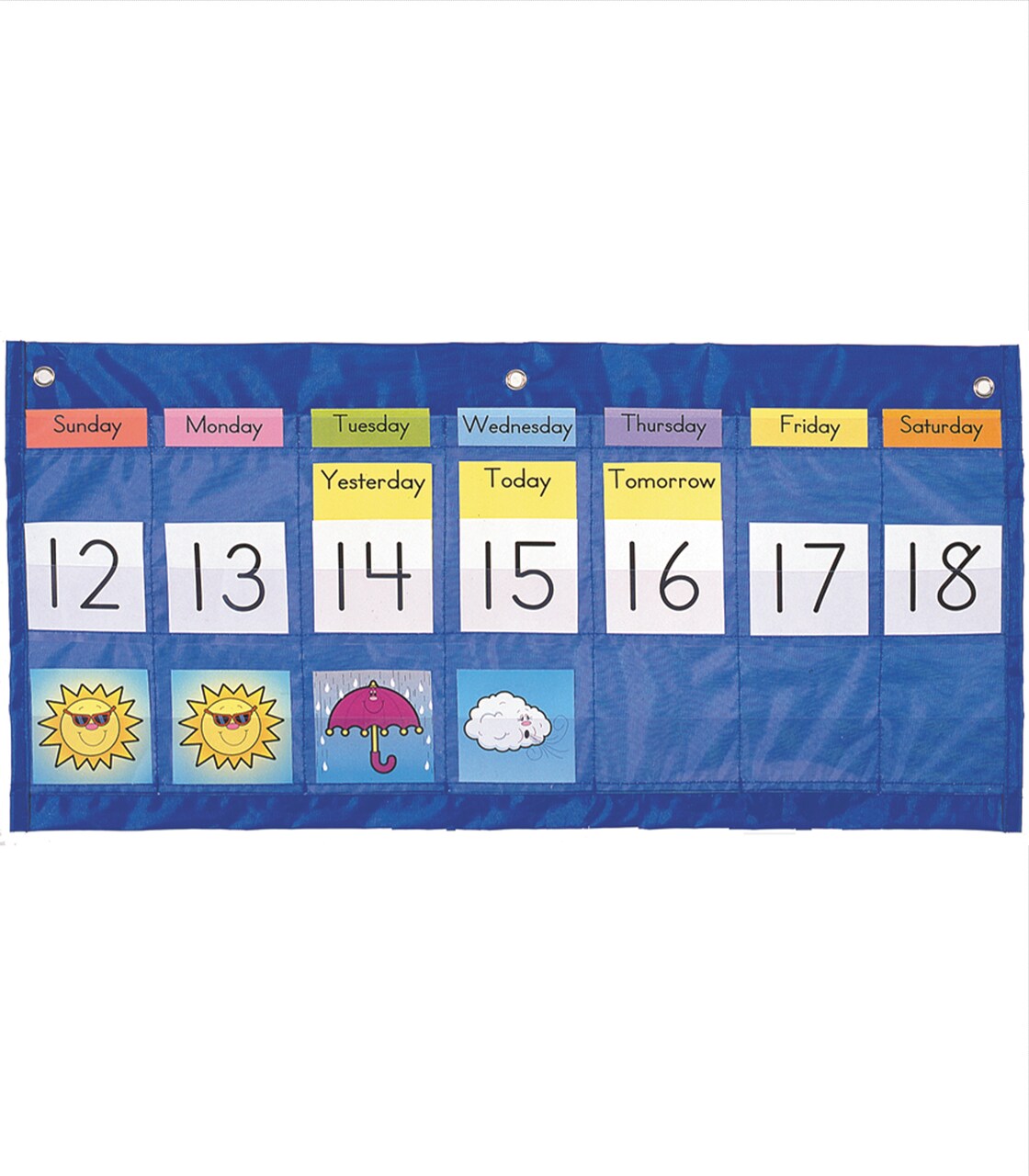 Carson Dellosa 25" x 12.75" Classroom Weekly Weather and Calendar Pocket Chart —Days of the Week, Abbreviations, Numbers, With Weather Condition Illustration Cards, Weekly Calendar Pocket Chart Blue